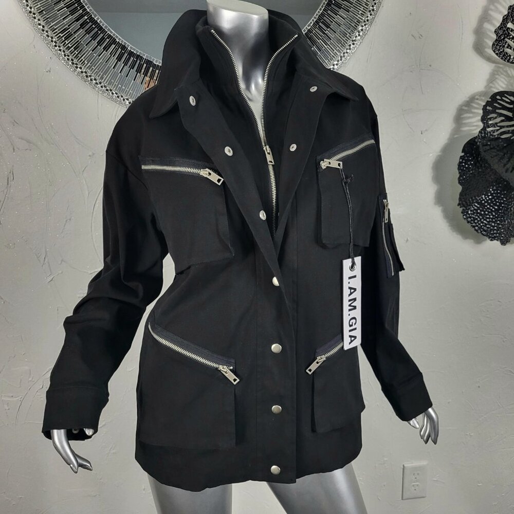 NWT~$295~I AM GIA~S/M~BLACK MILITARY UTILITY CARGO DENIM JEAN JACKET COAT - Picture 3 of 16